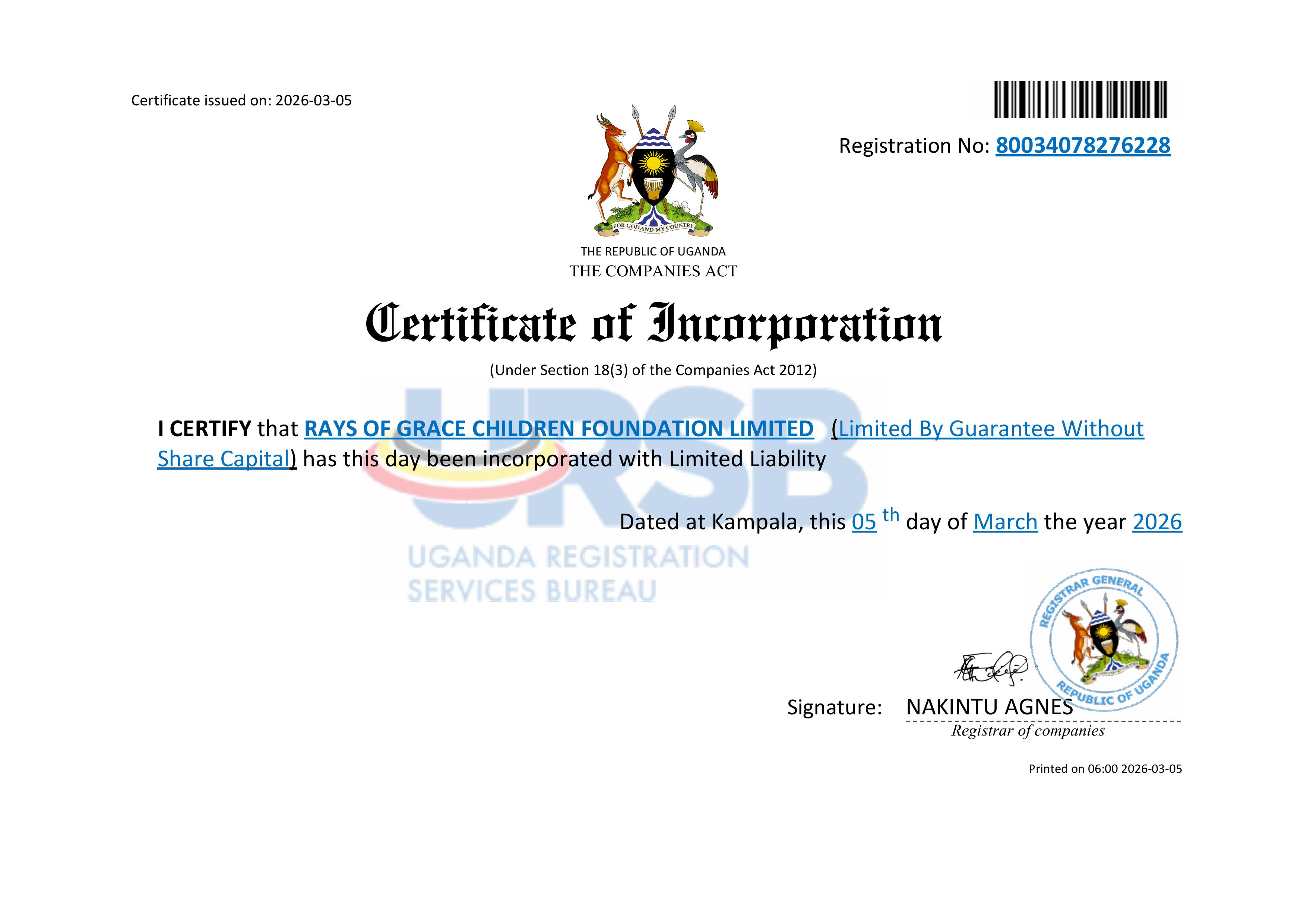 Certificate of Incorporation for Rays of Grace Children Foundation Limited